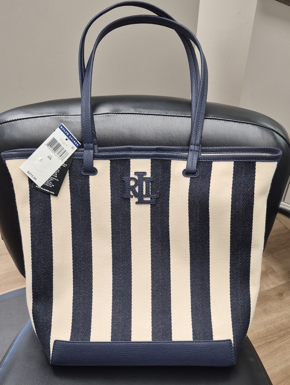 Ralph Lauren Navy & Cream Vertical Stripe Tote with RL Logo